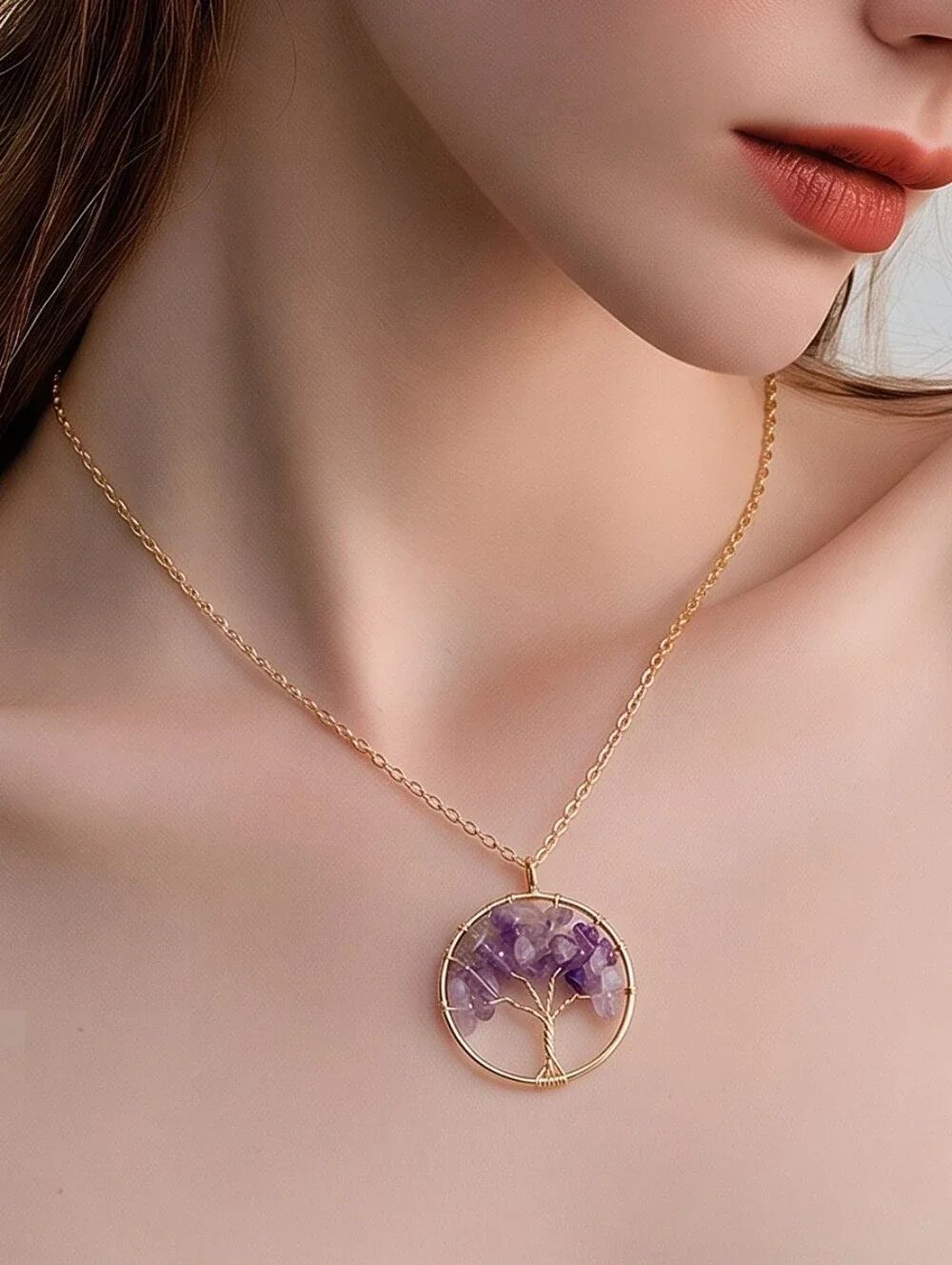 Amethyst Tree of Life Necklace Gold Natural Crystal Pendant Boho Spiritual Gift